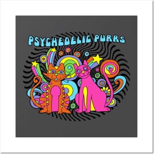 Psychedelic Purrs Vintage Trippy Retro Cute Cats Cartoon Gift For Cat Lovers Posters and Art